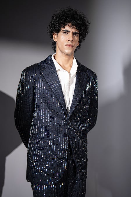 Shop_Nikita Mhaisalkar_Blue Suiting Sequins Holographic Stripe Embroidered And Pant Set _Online_at_Aza_Fashions