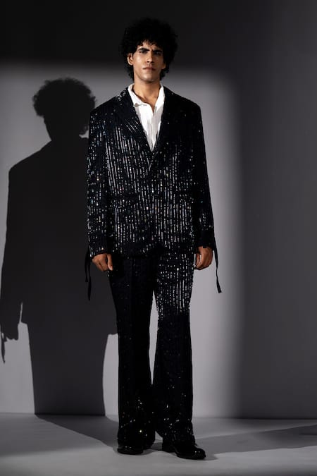 Nikita Mhaisalkar_Blue Suiting Sequins Holographic Stripe Embroidered And Pant Set _at_Aza_Fashions