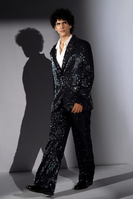 Shop_Nikita Mhaisalkar_Blue Suiting Sequins Holographic Stripe Embroidered And Pant Set 