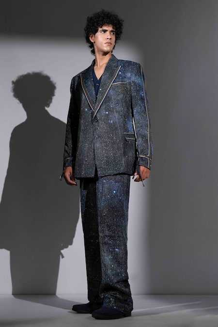 Shop_Nikita Mhaisalkar_Blue Georgette Sequins Galaxy Print Suit And Pant Set _Online_at_Aza_Fashions