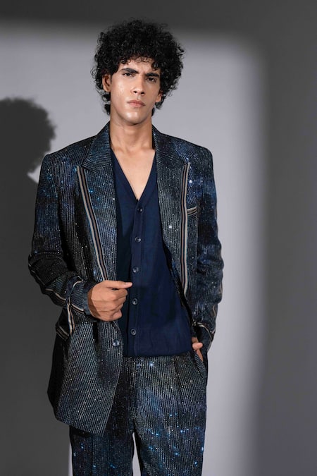 Nikita Mhaisalkar_Blue Georgette Sequins Galaxy Print Suit And Pant Set _at_Aza_Fashions