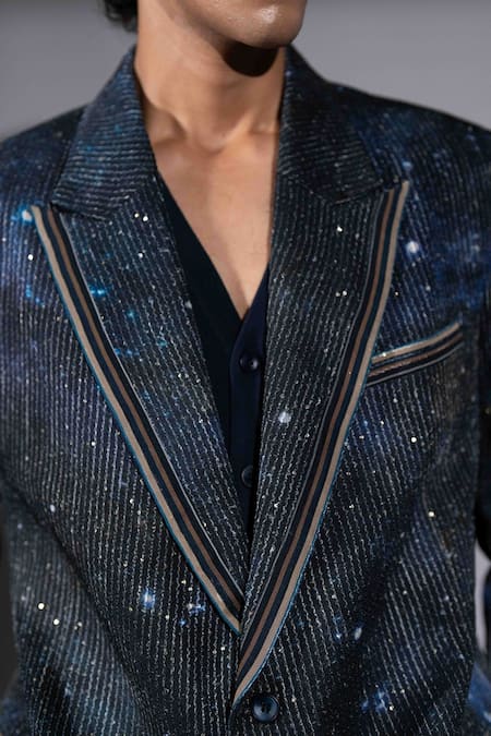 Buy_Nikita Mhaisalkar_Blue Georgette Sequins Galaxy Print Suit And Pant Set 