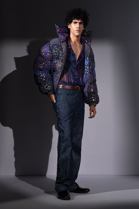 Nikita Mhaisalkar_Purple Georgette Glitter Galaxy Print Sheeted Puffer Jacket _Online_at_Aza_Fashions