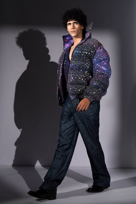 Buy_Nikita Mhaisalkar_Purple Georgette Glitter Galaxy Print Sheeted Puffer Jacket _Online_at_Aza_Fashions