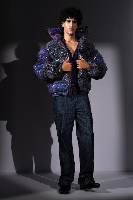 Shop_Nikita Mhaisalkar_Purple Georgette Glitter Galaxy Print Sheeted Puffer Jacket _Online_at_Aza_Fashions