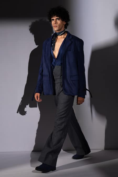 Nikita Mhaisalkar_Blue Suede, Suiting, Silk Satin Houndstooth Pattern Suit Set _Online_at_Aza_Fashions