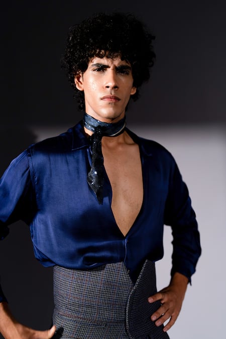 Nikita Mhaisalkar_Blue Suede, Suiting, Silk Satin Houndstooth Pattern Suit Set _at_Aza_Fashions