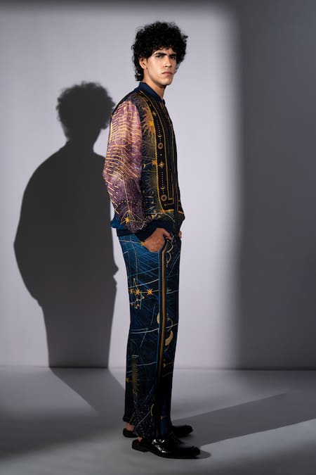 Nikita Mhaisalkar Blue Georgette Star Galaxy Print Bomber Shirt And Pant Set Online at Aza Fashions Nikita Mhaisalkar_Blue Georgette Star Galaxy Print Bomber Shirt And Pant Set _Online_at_Aza_Fashions