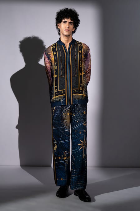 Shop Nikita Mhaisalkar Blue Georgette Star Galaxy Print Bomber Shirt And Pant Set Online at Aza Fashions Shop_Nikita Mhaisalkar_Blue Georgette Star Galaxy Print Bomber Shirt And Pant Set _Online_at_Aza_Fashions