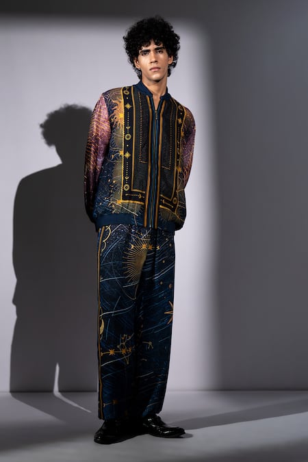 Nikita Mhaisalkar Blue Georgette Star Galaxy Print Bomber Shirt And Pant Set at Aza Fashions Nikita Mhaisalkar_Blue Georgette Star Galaxy Print Bomber Shirt And Pant Set _at_Aza_Fashions