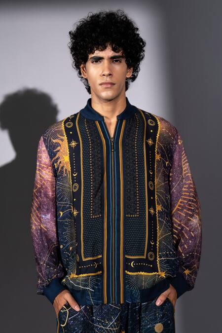 Buy Nikita Mhaisalkar Blue Georgette Star Galaxy Print Bomber Shirt And Pant Set Buy_Nikita Mhaisalkar_Blue Georgette Star Galaxy Print Bomber Shirt And Pant Set