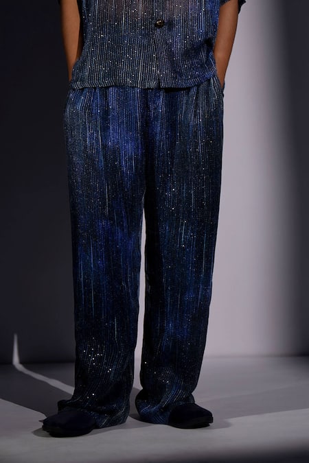 Buy_Nikita Mhaisalkar_Navy Georgette Sequins Meteor Print Shirt And Pant Set _Online_at_Aza_Fashions