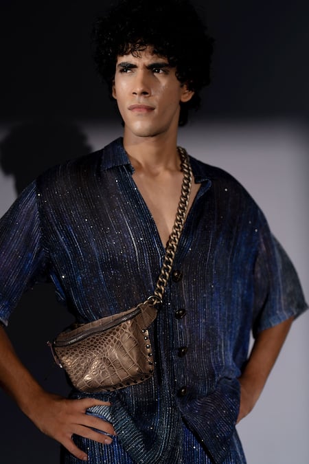 Nikita Mhaisalkar_Navy Georgette Sequins Meteor Print Shirt And Pant Set _at_Aza_Fashions