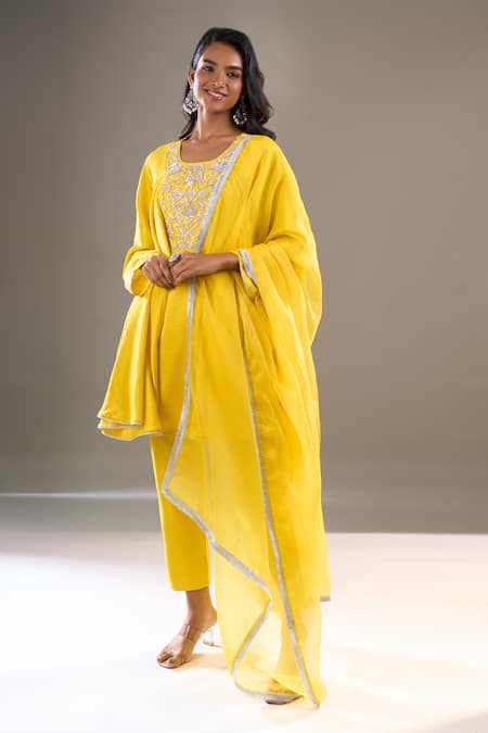 Buy Archana Shah Yellow Silk Embroidery Round Neck Yoke Kurta Set Online at Aza Fashions Buy_Archana Shah_Yellow Silk Embroidery Round Neck Yoke Kurta Set_Online_at_Aza_Fashions
