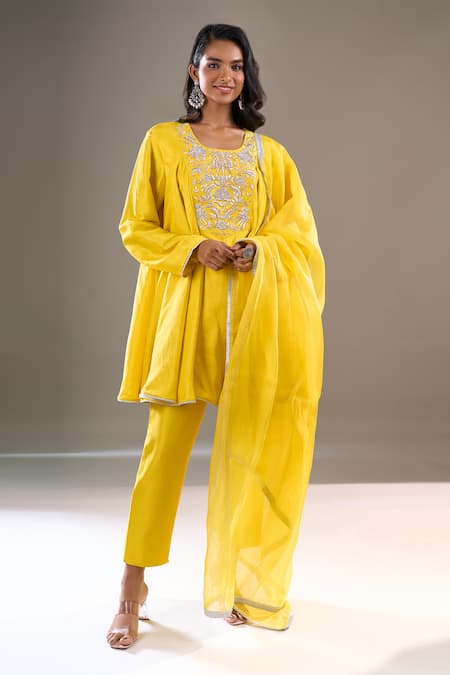 Archana Shah Yellow Silk Embroidery Round Neck Yoke Kurta Set 