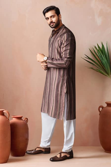 Arihant Rai Sinha_Brown Modal, Silk Printed Striped Kurta And Salwar Set _Online_at_Aza_Fashions