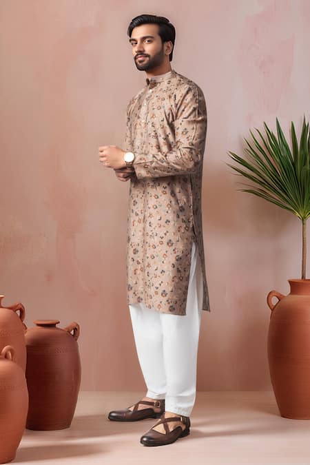 Shop_Arihant Rai Sinha_Brown Modal, Silk Printed Kurta And Salwar Set _Online_at_Aza_Fashions