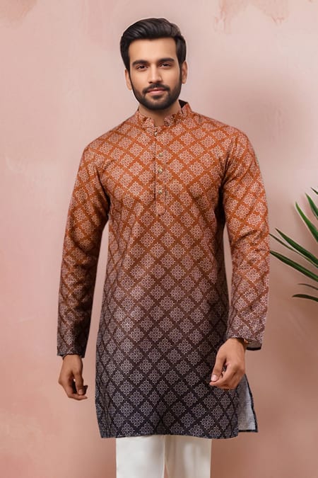 Arihant Rai Sinha_Brown Cotton, Silk Embroidery Ombre Printed And Kurta Set _Online_at_Aza_Fashions