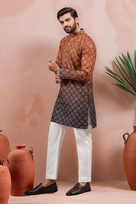 Buy_Arihant Rai Sinha_Brown Cotton, Silk Embroidery Ombre Printed And Kurta Set _Online_at_Aza_Fashions