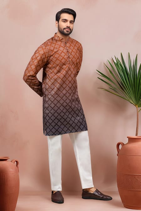Shop_Arihant Rai Sinha_Brown Cotton, Silk Embroidery Ombre Printed And Kurta Set _Online_at_Aza_Fashions