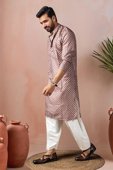 Arihant Rai Sinha_Wine Cotton, Silk Jaal Print Kurta Set _at_Aza_Fashions