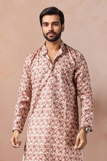 Buy_Arihant Rai Sinha_Brown Cotton, Silk Floral Print Kurta And Salwar Set _Online_at_Aza_Fashions