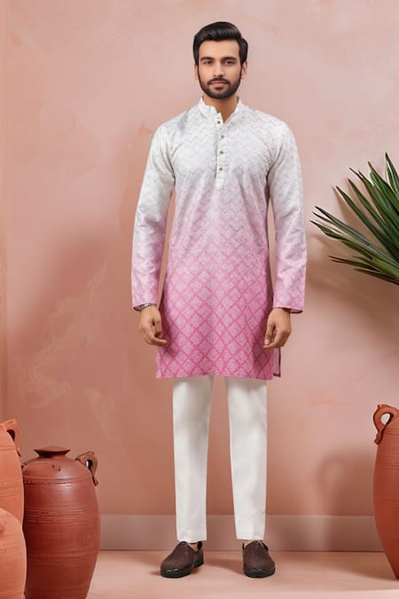 Arihant Rai Sinha_Cream Cotton, Silk Embroidery, Foil Printing Ombre Kurta Set _Online_at_Aza_Fashions