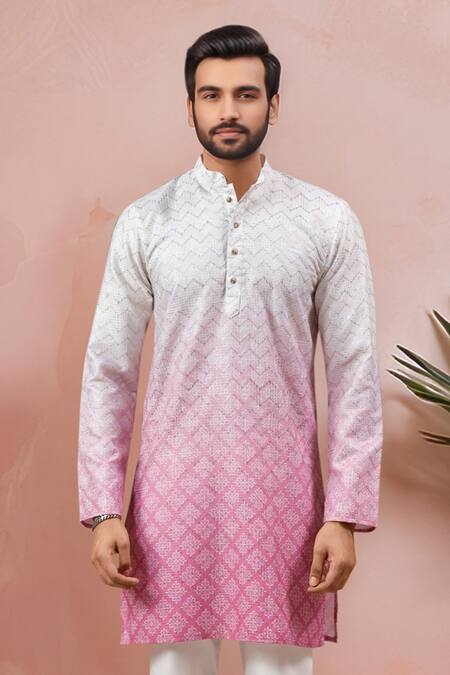 Shop_Arihant Rai Sinha_Cream Cotton, Silk Embroidery, Foil Printing Ombre Kurta Set _Online_at_Aza_Fashions
