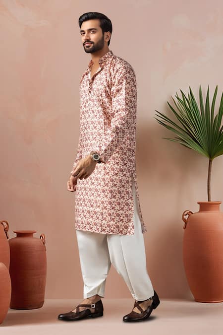 Shop_Arihant Rai Sinha_Brown Cotton, Silk Floral Print Kurta And Salwar Set _Online_at_Aza_Fashions