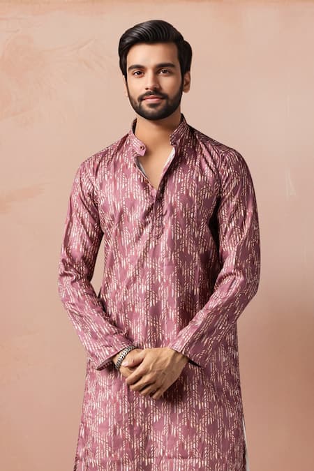 Arihant Rai Sinha_Wine Cotton, Silk Abstract Print Kurta Set _at_Aza_Fashions