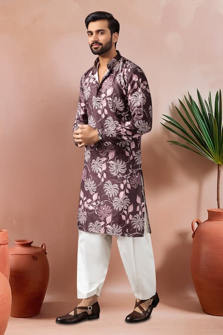 Shop_Arihant Rai Sinha_Maroon Cotton, Silk Floral Print Kurta And Salwar Set _Online_at_Aza_Fashions