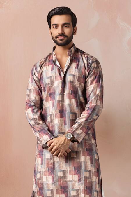 Shop_Arihant Rai Sinha_Red Cotton, Silk Abstract Pattern Kurta Set _Online_at_Aza_Fashions