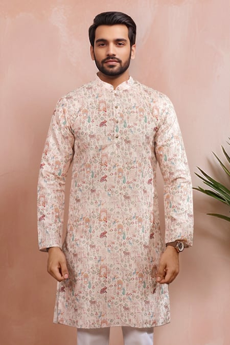 Shop_Arihant Rai Sinha_Beige Silk Embroidery Animal Pattern Kurta Set _Online_at_Aza_Fashions