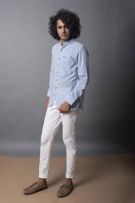 The Loom Art Blue Handloom Cotton Embroidered Striped Shirt 
