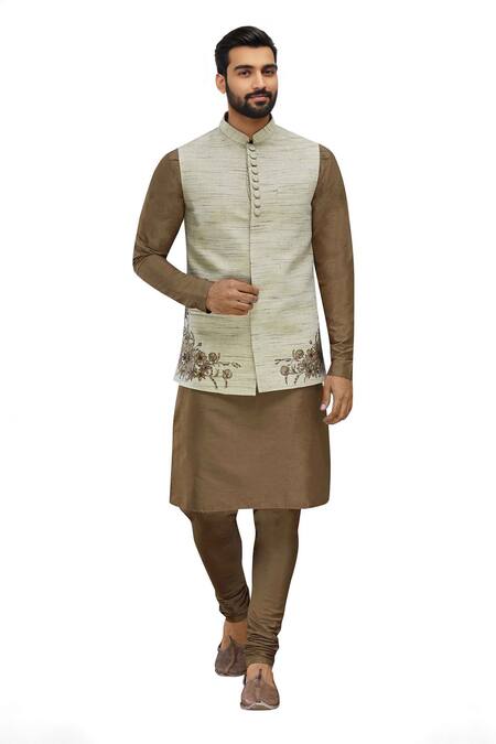 Manish Nagdeo Beige Cotton Silk Bundi Kurta Set 
