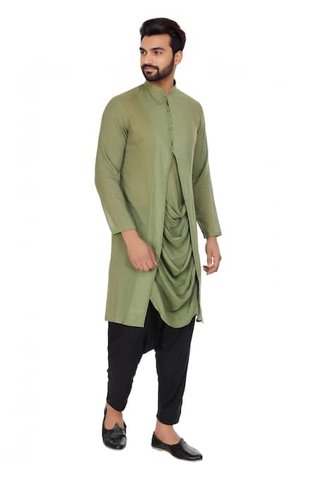 Bohame Green mulmul cowl pleated layer kurta 