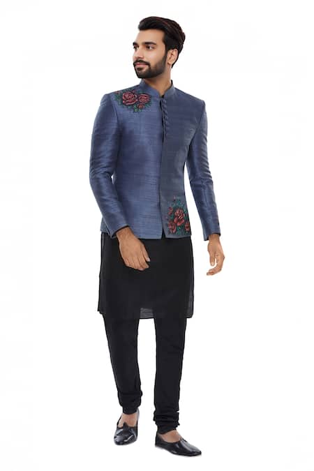 Manish Nagdeo Black Silk Floral Motifs Block Printed Bandhgala With Kurta And Pyjama 