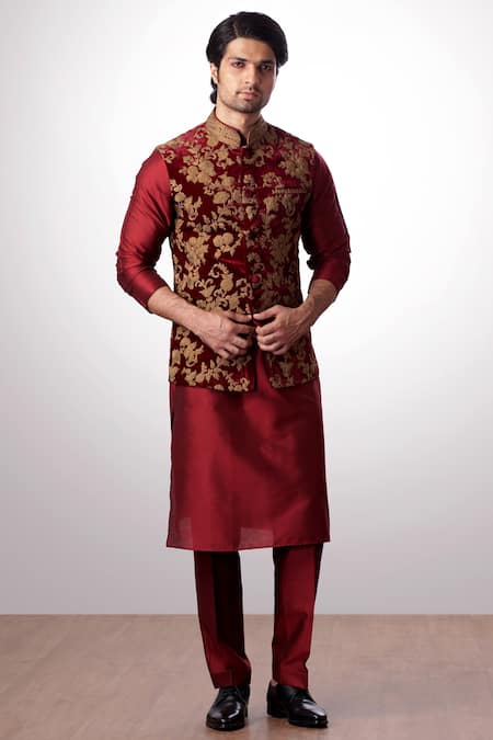 Kommal Sood Maroon Velvet Embroidered Floral Gold Bundi  