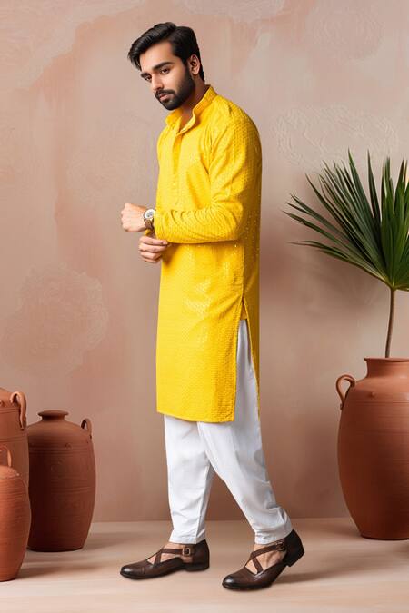Arihant Rai Sinha_Yellow Rayon, Silk Embroidery Thread Kurta And Salwar Set _Online_at_Aza_Fashions