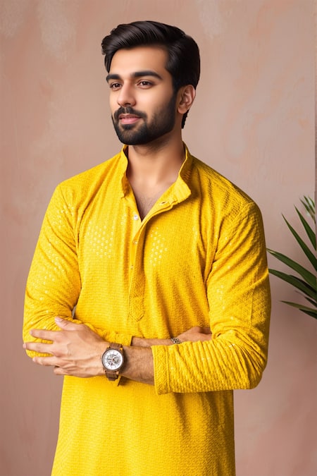 Buy_Arihant Rai Sinha_Yellow Rayon, Silk Embroidery Thread Kurta And Salwar Set _Online_at_Aza_Fashions