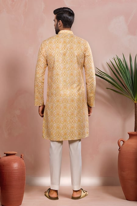 Shop Arihant Rai Sinha Mustard Silk Floral Pattern Kurta And Pant Set at Aza Fashions Shop_Arihant Rai Sinha_Mustard Silk Floral Pattern Kurta And Pant Set _at_Aza_Fashions