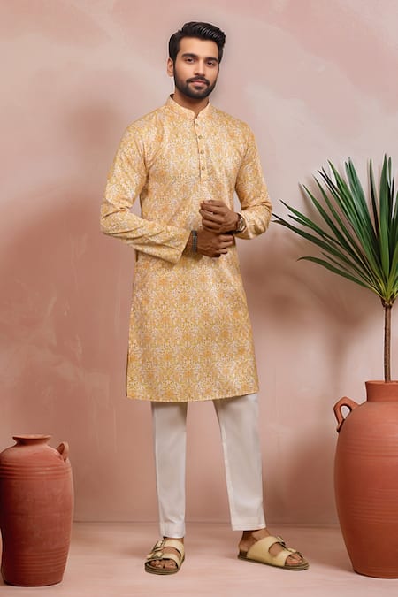 Shop Arihant Rai Sinha Mustard Silk Floral Pattern Kurta And Pant Set Online at Aza Fashions Shop_Arihant Rai Sinha_Mustard Silk Floral Pattern Kurta And Pant Set _Online_at_Aza_Fashions