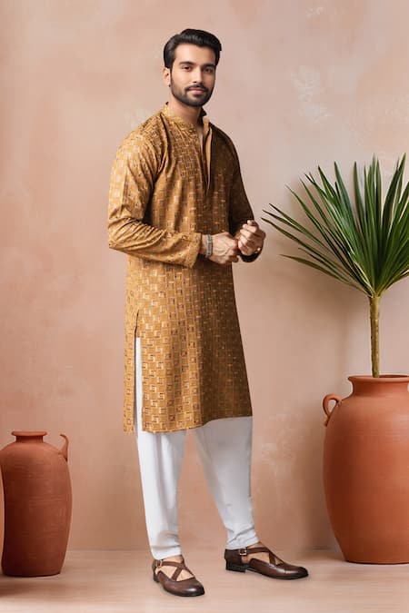 Shop_Arihant Rai Sinha_Yellow Rayon, Silk Embroidery Geometric Thread Kurta And Salwar Set _Online_at_Aza_Fashions