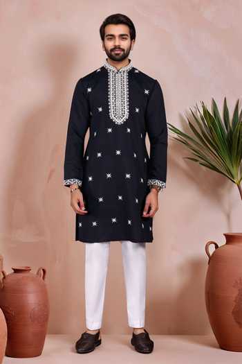 Buy Arihant Rai Sinha Black Viscose, Silk Embroidery Star Motif Kurta And Pant Set at Aza Fashions Buy_Arihant Rai Sinha_Black Viscose, Silk Embroidery Star Motif Kurta And Pant Set_at_Aza_Fashions