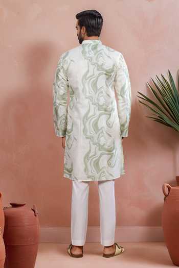 Shop Arihant Rai Sinha Green Silk Embroidery, Foil Printing Swirl Pattern Kurta Set at Aza Fashions Shop_Arihant Rai Sinha_Green Silk Embroidery, Foil Printing Swirl Pattern Kurta Set _at_Aza_Fashions
