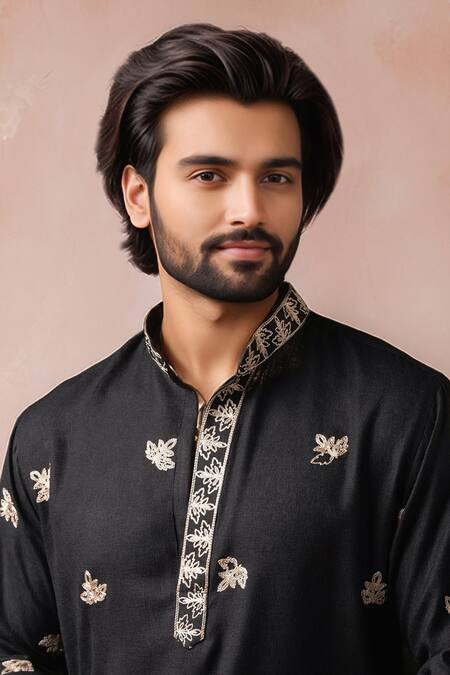 Shop_Arihant Rai Sinha_Black Linen, Silk Embroidery Kurta And Salwar Set _Online_at_Aza_Fashions