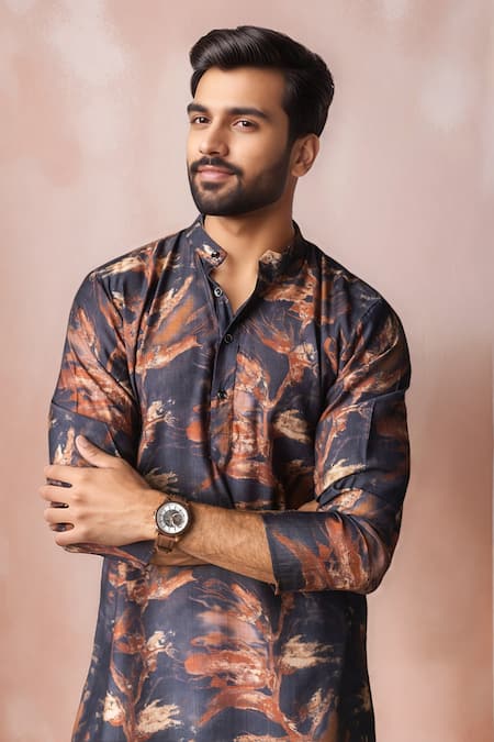 Shop_Arihant Rai Sinha_Black Viscose, Silk Abstract Print Kurta Set _Online_at_Aza_Fashions