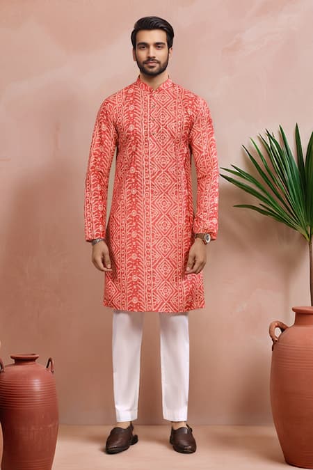 Buy_Arihant Rai Sinha_Orange Cotton, Silk Butti Print Kurta Set _Online_at_Aza_Fashions