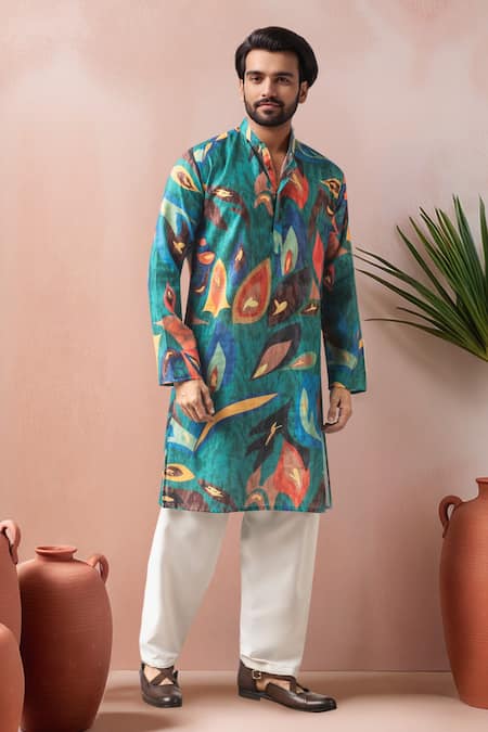 Buy_Arihant Rai Sinha_Green Linen, Silk Printed Leaf Motif Kurta And Salwar Set _Online_at_Aza_Fashions