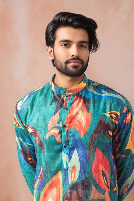 Shop_Arihant Rai Sinha_Green Linen, Silk Printed Leaf Motif Kurta And Salwar Set _Online_at_Aza_Fashions